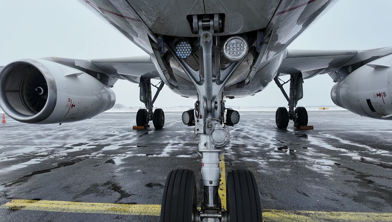 Aircraft landing gear assembly on the tarmac